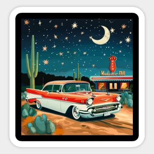 Retro Vintage Diner Route 66 Classic Car Roadside Attraction at Night Desert Sticker